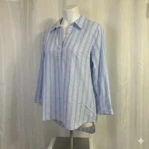 St. John's Bay women's size L top Blue striped collar v-neck long 3/4 sleeve new